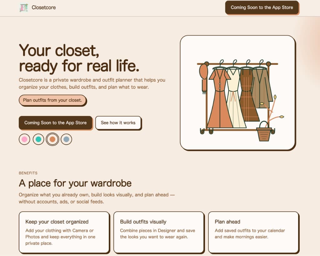 Closetcore landing page: Your closet, ready for real life, with a clothing-rack illustration and privacy-first outfit-planning benefits
