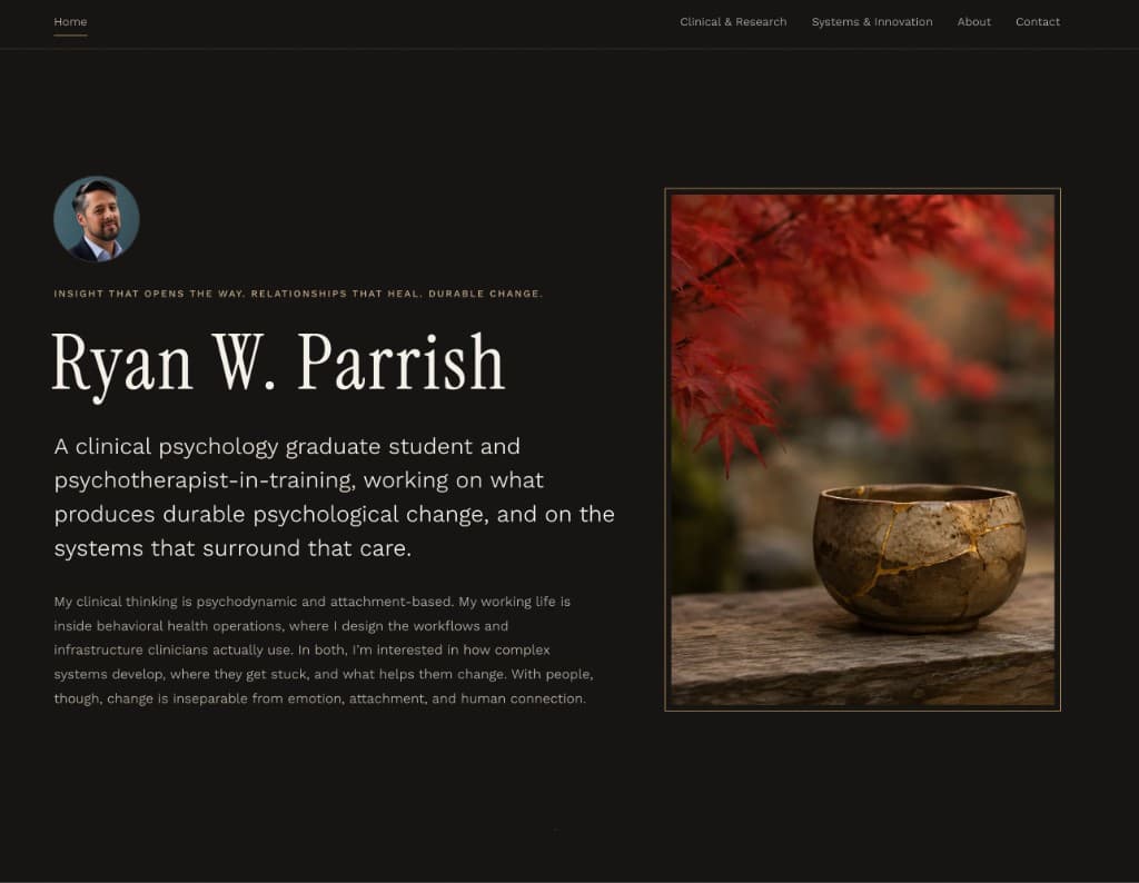 Ryan W. Parrish homepage: name and clinical-psychology introduction beside a kintsugi bowl and autumn leaves
