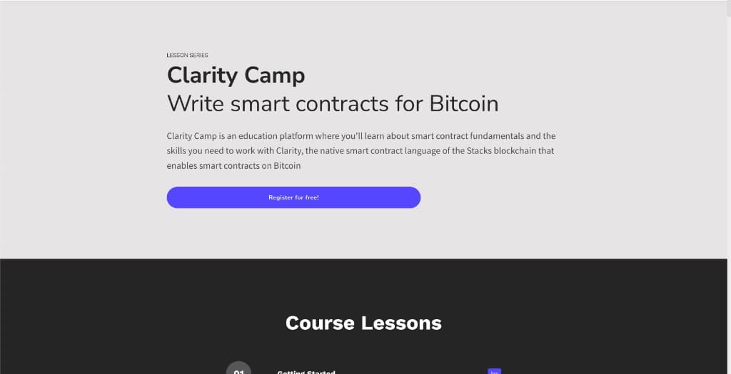 Clarity Camp landing page: Write smart contracts for Bitcoin, with a free Getting Started lesson